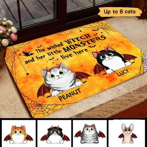 Doormat Halloween Wicked Witch & Little Monster Fluffy Cat Personalized Doormat 16x24