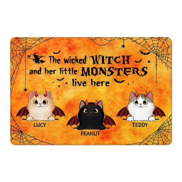 Doormat Halloween Wicked Witch & Little Monster Fluffy Cat Personalized Doormat