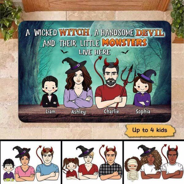 Doormat Halloween Witch Devil & Monsters Live Here Personalized Doormat 16x24