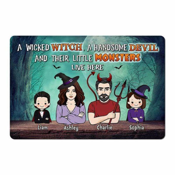 Doormat Halloween Witch Devil & Monsters Live Here Personalized Doormat