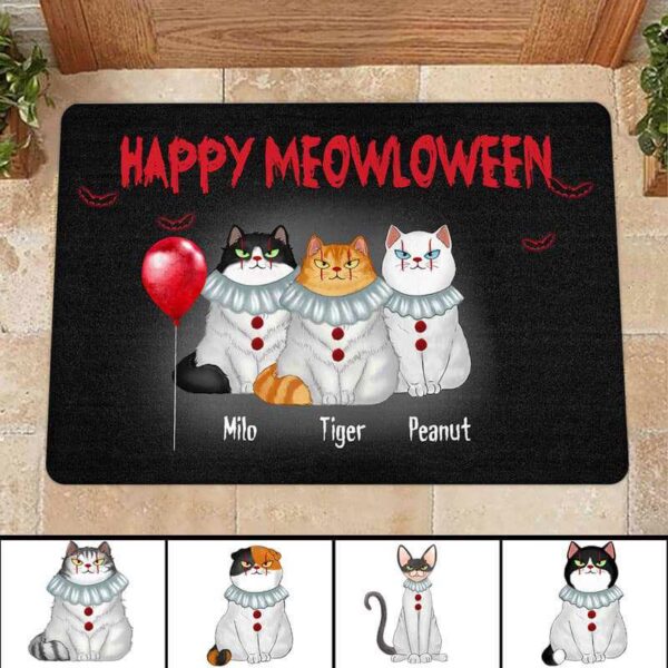 Doormat Happy Meowloween Fluffy Cats Red Balloon Personalized Doormat 16x24