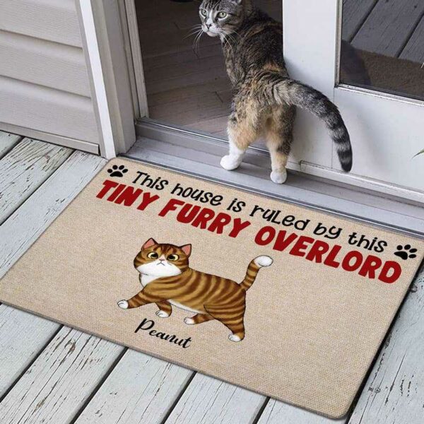 Doormat House Ruled By Tiny Overlord Walking Fluffy Cat Personalized Doormat 18x30