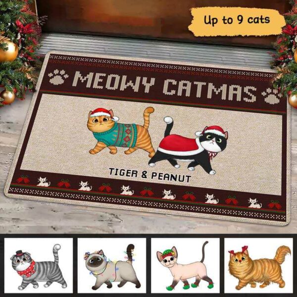 Doormat Meowy Christmas Walking Cat Personalized Doormat 16x24