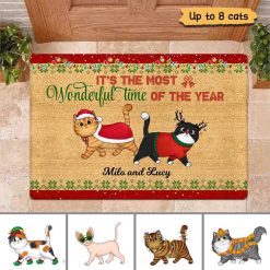 Doormat Most Wonderful Time Walking Cat Christmas Personalized Doormat 16x24