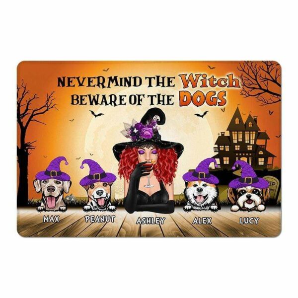 Doormat Nevermind The Witch Beware Of The Dogs Halloween Personalized Doormat