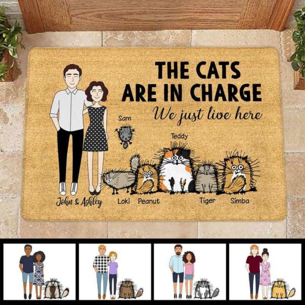 Doormat The Cat In Charge We Just Live Here Funny Cat Personalized Doormat 16x24