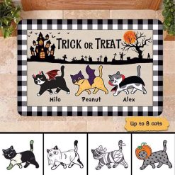 Doormat Trick Or Treat Halloween Buffalo Plaid Walking Cats Personalized Doormat 16x24