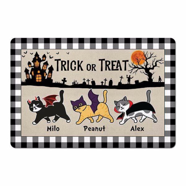 Doormat Trick Or Treat Halloween Buffalo Plaid Walking Cats Personalized Doormat