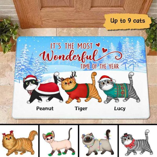 Doormat Walking Fluffy Cats Winter Christmas Personalized Doormat 16x24