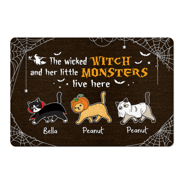 Doormat Wicked Witch And Monster Cats Live Here Halloween Personalized Doormat 1