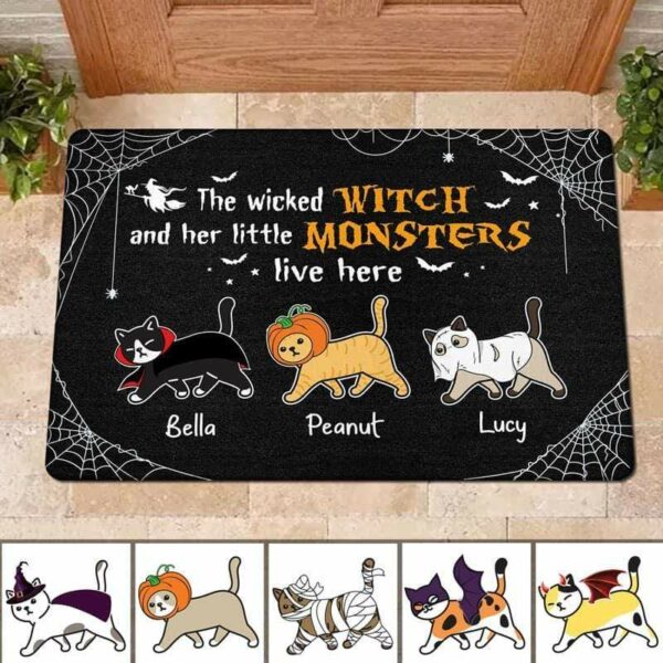 Doormat Wicked Witch And Monster Cats Live Here Halloween Personalized Doormat