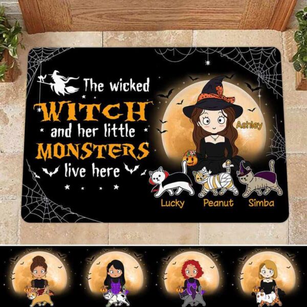 Doormat Wicked Witch & Little Monster Cat Chibi Personalized Doormat 16x24