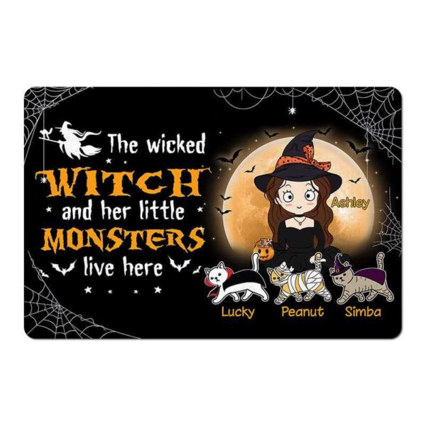 Doormat Wicked Witch & Little Monster Cat Chibi Personalized Doormat