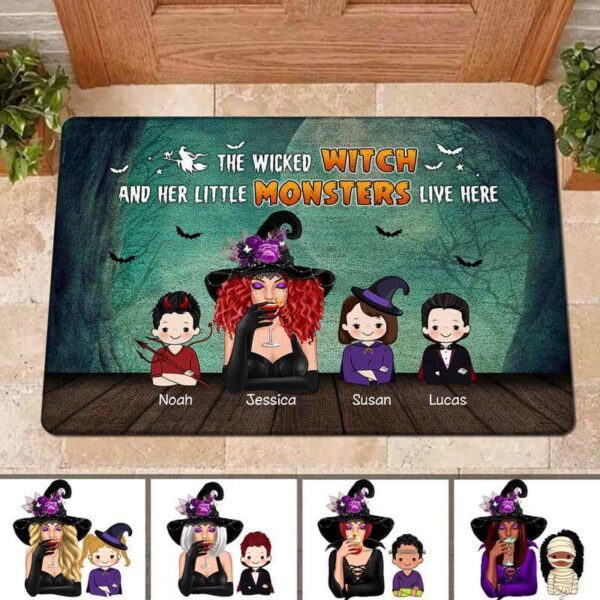 Doormat Wicked Witch & Monster Kids Halloween Personalized Doormat 16x24