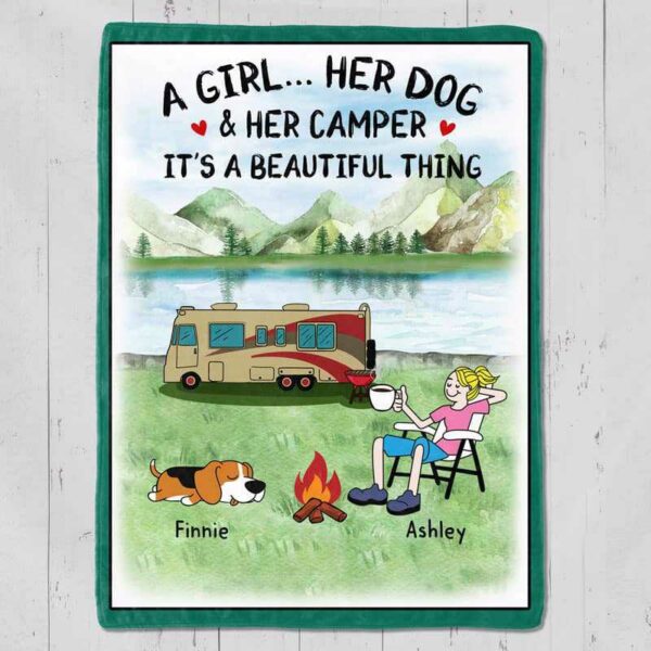 Fleece Blanket A Camping Girl And Her Dogs Cats Personalized Fleece Blanket