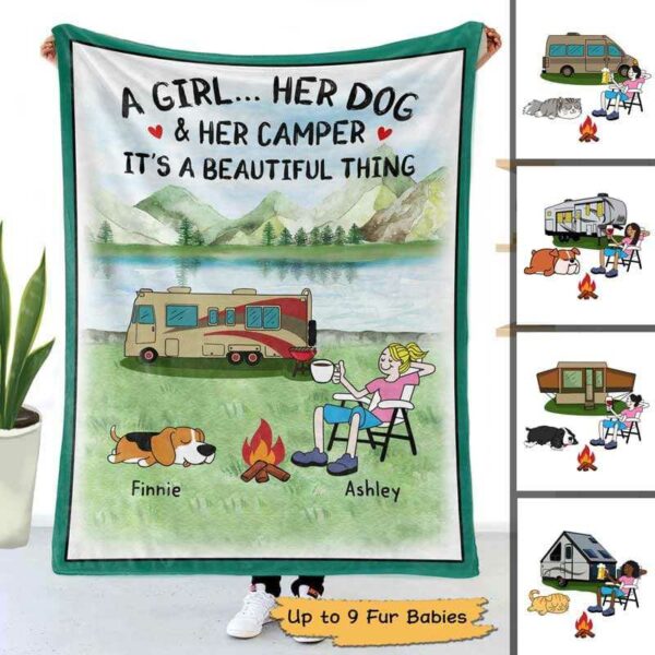Fleece Blanket A Camping Girl And Her Dogs Cats Personalized Fleece Blanket 30" x 40"