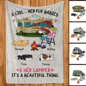 Fleece Blanket A Camping Girl And Her Fur Babies Personalized Fleece Blanket 60" x 80" - BEST SELLER