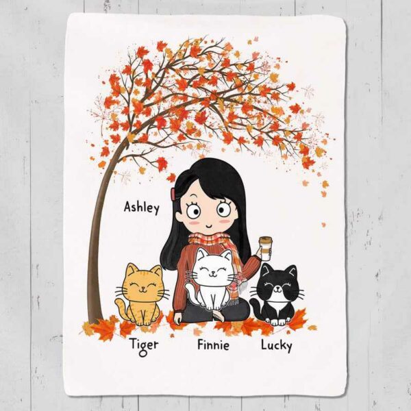 Fleece Blanket Chibi Girl and Sitting Cat Fall Season Theme Personalized Fleece Blanket