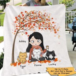 Fleece Blanket Chibi Girl and Sitting Cat Fall Season Theme Personalized Fleece Blanket 60