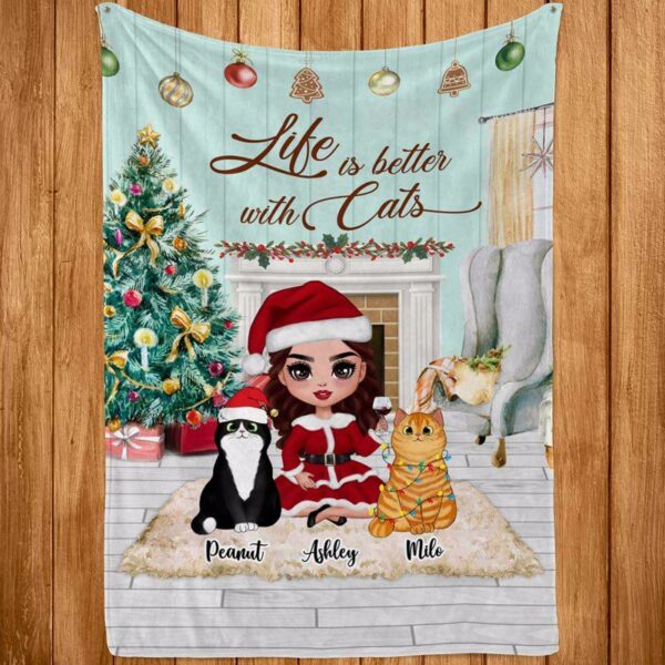 Fleece Blanket Christmas Doll Girl With Fluffy Cats Personalized Fleece Blanket