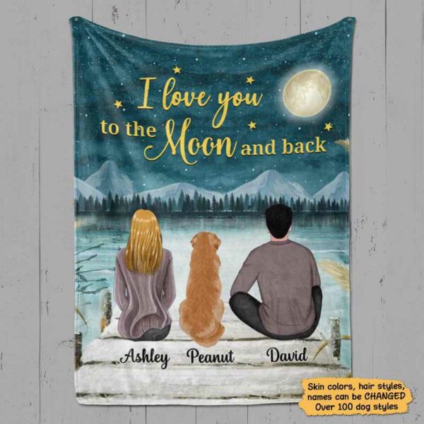 Fleece Blanket Couple And Dog Under Moonlight Personalized Fleece Blanket