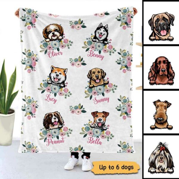 Fleece Blanket Floral Peeking Dogs Name Personalized Fleece Blanket 30" x 40"