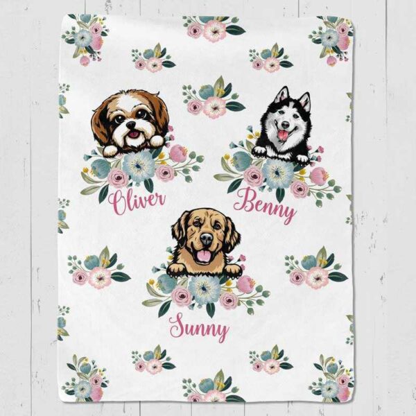 Fleece Blanket Floral Peeking Dogs Name Personalized Fleece Blanket