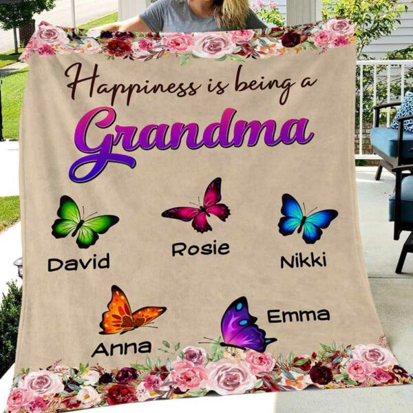 Fleece Blanket Flower And Butterflies Grandma Personalized Fleece Blanket