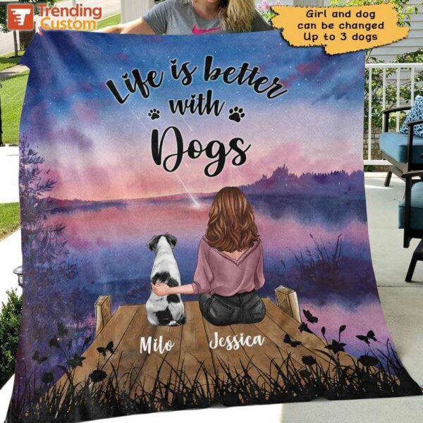 Fleece Blanket Girl And Dogs On Bridge Personalized Fleece Blanket 30" x 40"