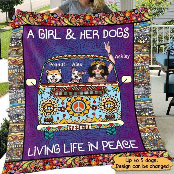 Fleece Blanket Girl & Dogs Living Life In Peace Hippie Bohemian Personalized Fleece Blanket 30" x 40"
