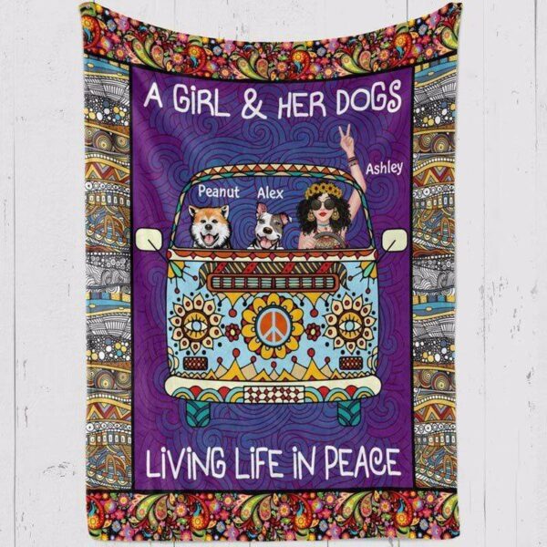 Fleece Blanket Girl & Dogs Living Life In Peace Hippie Bohemian Personalized Fleece Blanket