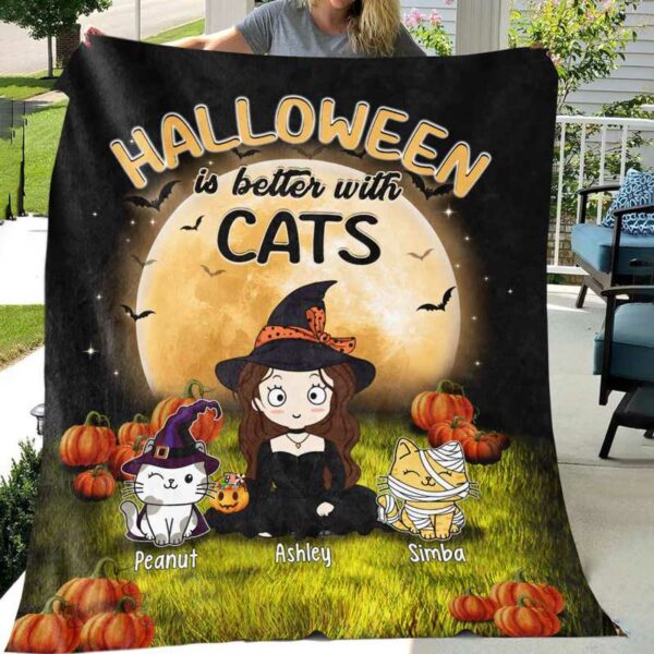 Fleece Blanket Halloween Is Better With Cats Chibi Personalized Fleece Blanket 30" x 40"