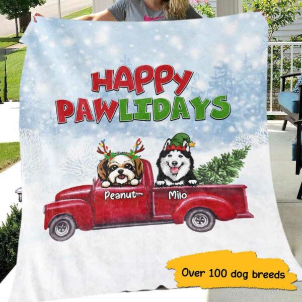 Fleece Blanket Happy Pawlidays Dogs Christmas Personalized Fleece Blanket 60" x 80" - BEST SELLER