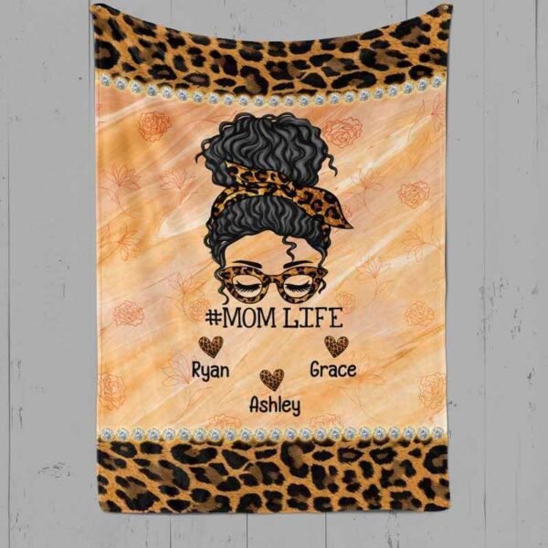 Fleece Blanket Leopard Messy Bun Mom Life Personalized Fleece Blanket