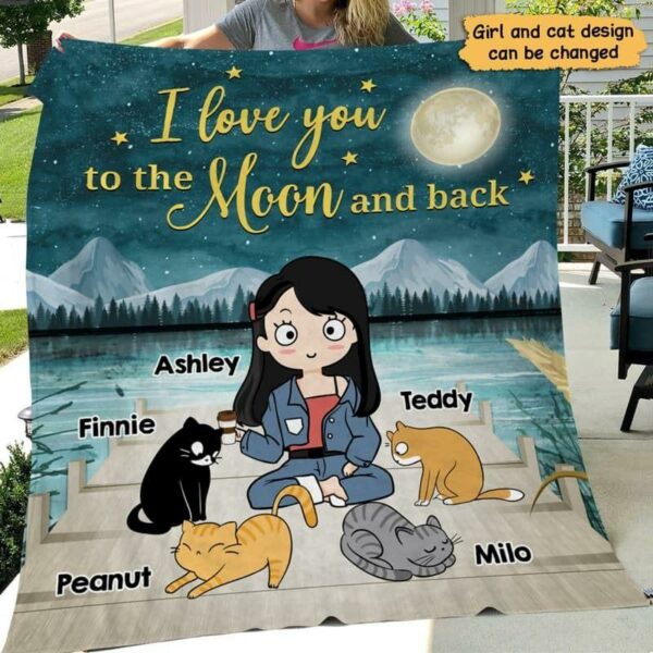 Fleece Blanket Love Cats To The Moon And Back Personalized Fleece Blanket 60" x 80" - BEST SELLER