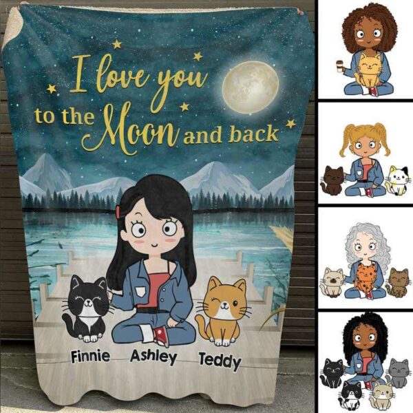 Fleece Blanket Love To The Moon Chibi Girl and Sitting Cat Personalized Fleece Blanket