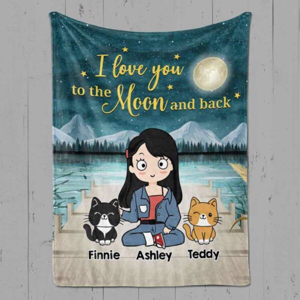Fleece Blanket Love To The Moon Chibi Girl and Sitting Cat Personalized Fleece Blanket