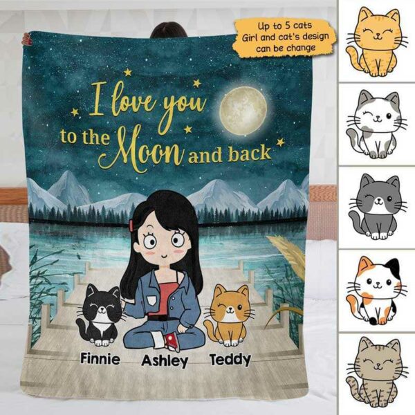 Fleece Blanket Love To The Moon Chibi Girl and Sitting Cat Personalized Fleece Blanket 60" x 80" - BEST SELLER