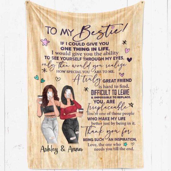 Fleece Blanket To My Bestie Standing Selfie Girls Wood Texture Personalized Fleece Blanket