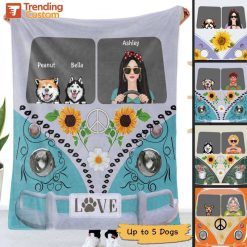 Fleece Blanket Woman & Dogs On Van Personalized Fleece Blanket 30