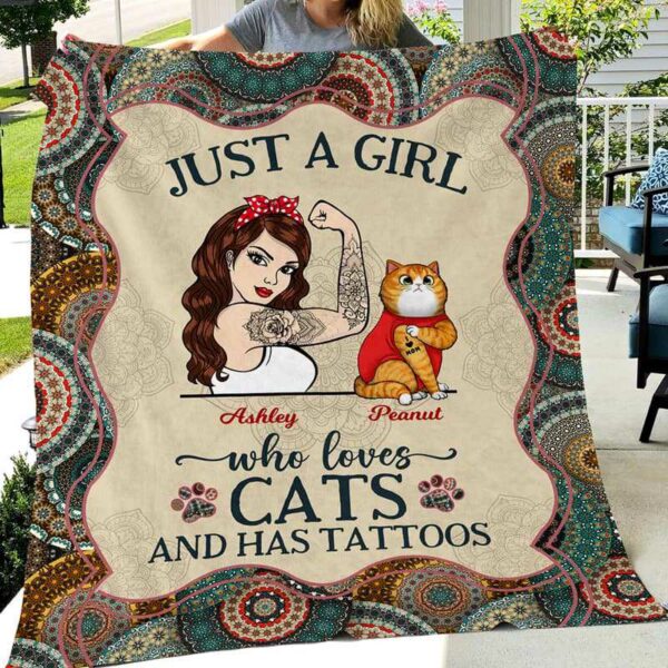 Fleece Blanket Woman Loves Cats And Tattoo Mandala Personalized Fleece Blanket