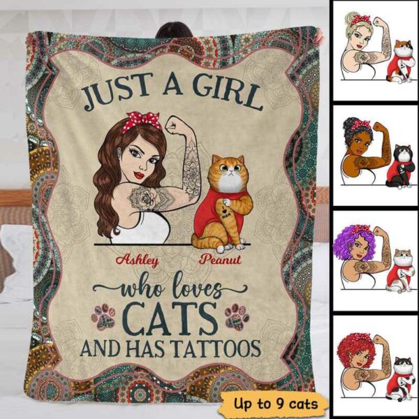 Fleece Blanket Woman Loves Cats And Tattoo Mandala Personalized Fleece Blanket 60" x 80" - BEST SELLER