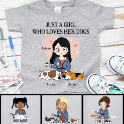 Kid Apparel Just A Girl Loves Dogs Chibi Personalized Youth Shirt Youth Tee / YXS / Ash