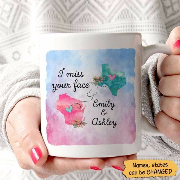 Mugs Long Distance Besties I Miss Your Face Watercolor Flower State Personalized Mug 11oz