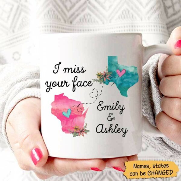 Mugs Long Distance Relationship Gift Besties I Miss Your Face Watercolor Flower States Personalized Coffee Mug 11oz