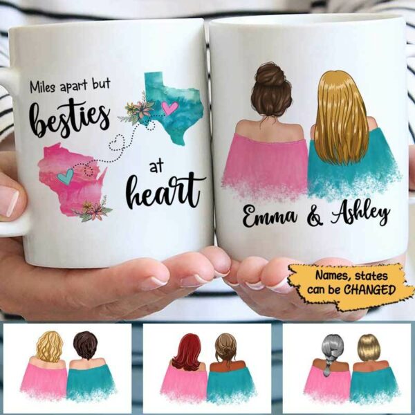 Mugs Miles Apart Besties At Heart Long Distance Relationship Gift Watercolor Flower States Personalized Coffee Mug 11oz