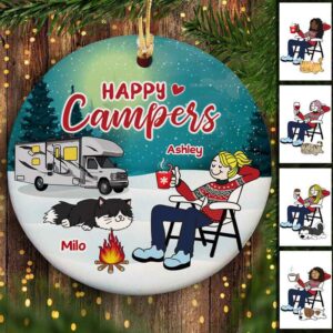 Ornament A Camping Girl And Her Dogs Cats Personalized Circle Ornament Ceramic / Pack 1