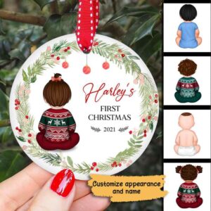 Ornament Baby Back View First Christmas Personalized Circle Ornament Ceramic / Pack 1