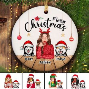 Ornament Beautiful Woman And Dogs Under Ornaments Christmas Personalized Circle Ornament Ceramic / Pack 1