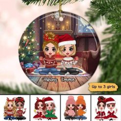 Ornament Besties Sisters Sitting Beside Fireplace Christmas Personalized Circle Ornament Ceramic / Pack 1